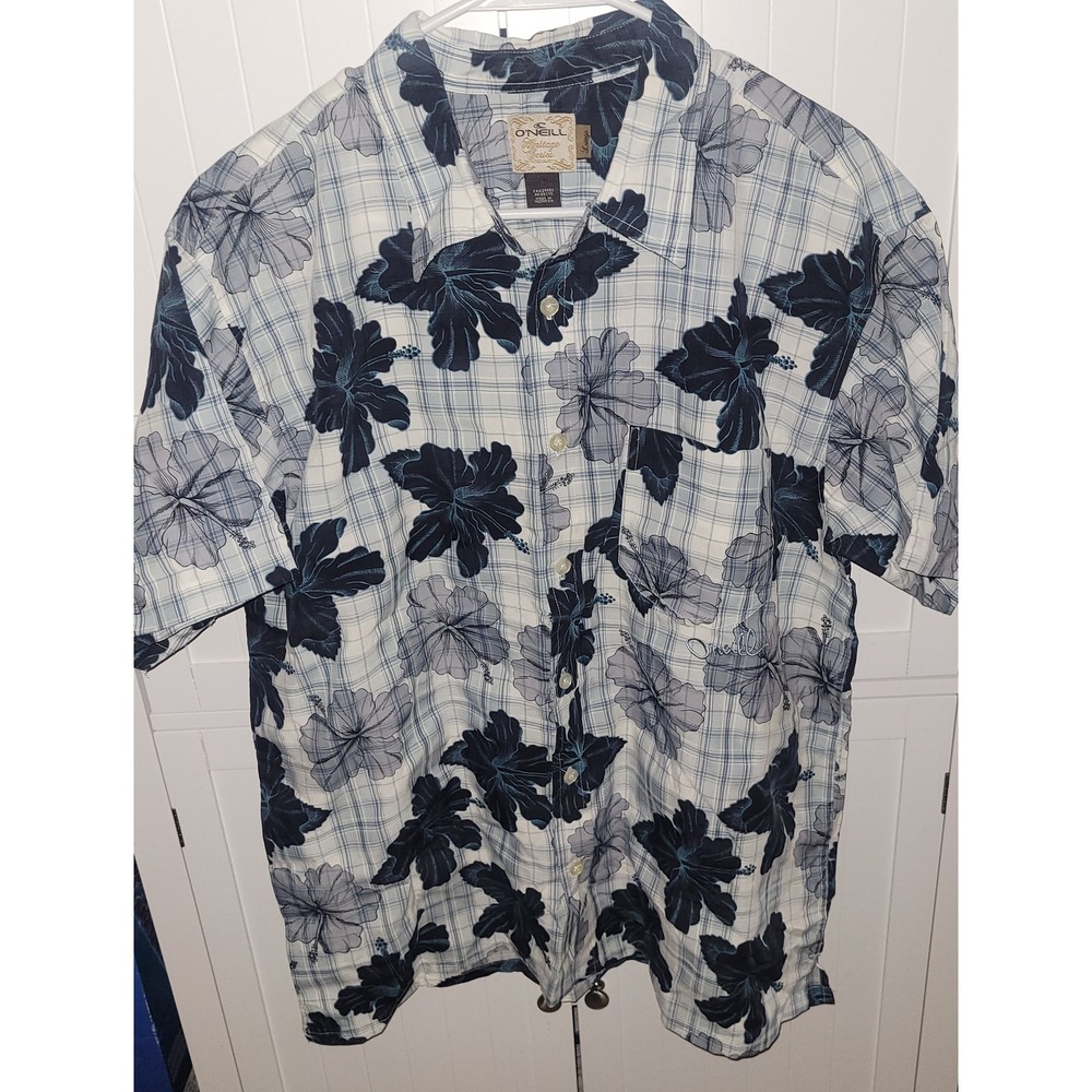 ONeill Heritage Series Mens Large Blue Hibiscus Plaid Floral Button Down Shirt